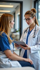 Female doctor consulting patient with medical tablet in modern clinic environment professional perspective