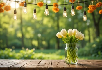 Whimsical Garden Scene – Tulips in Glass Jar with Hanging Flowers and Warm Lights