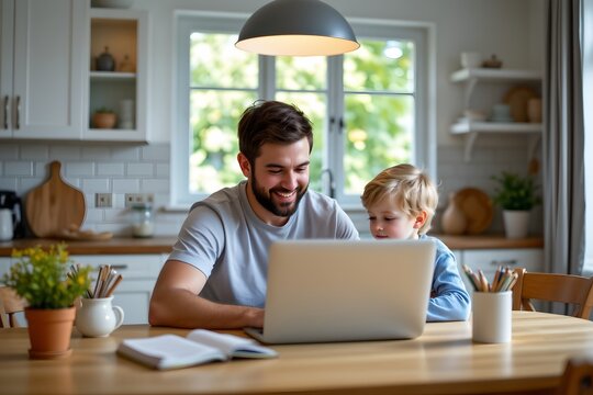 Father assisting son with online learning at home family interaction indoor setting warm atmosphere engaging concept