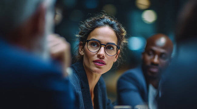Group of diverse businesspeople gathered around office table engaged in discussion and brainstorming about professional goals. Modern teamwork and corporate collaboration concept.