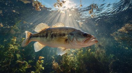 A largemouth bass swimming underwater in clear freshwater, captured in natural light, showcasing its scales, fins, and habitat, perfect for wildlife and fishing content.