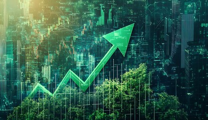 A green arrow pointing upwards, symbolizing tree-like growth, and surrounded by upward arrows on the digital chart.