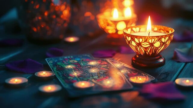 A deck of tarot cards is on a table with candles and flowers. The candles are lit and the table is covered in purple petals