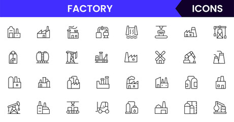Factory vector web line icon collection, sleek illustrations of machinery, EV production, automation, and industrial tools for manufacturing designs.