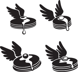 Four black silhouette icons of pancakes with wings and syrup