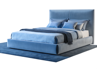   modern blue bed with bedding and rug isolated on white background PNG ,ai generated