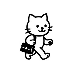 Simple black line drawing of a cat wearing a satchel
