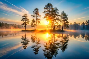 Fototapeta premium A breathtaking sunrise illuminates a tranquil lake reflecting a group of majestic trees on a small island