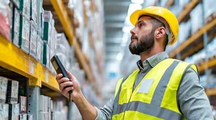 Operator using barcode scanner for parts tracking with white background
