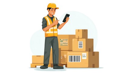 Operator using barcode scanner for parts tracking with white background