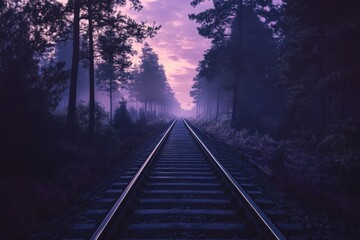 Fototapeta premium Railroad tracks winding through a green forest at sunset and twilight sky.
