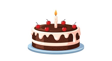 Delicious chocolate cake with cherries and a lit candle on white background
