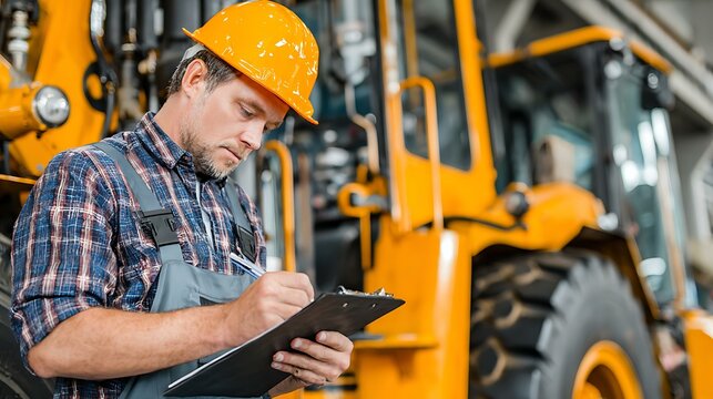 Operator writing on maintenance checklist beside machine with white background