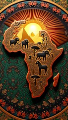 A vibrant, stylized illustration of the African continent, featuring iconic wildlife such as elephants and zebras, pyramids, and a glowing sun, all rendered with intricate patterns and rich earthy ton