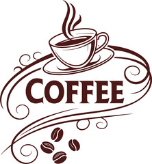 Elegant coffee cup emblem with steaming aroma and coffee beans design isolated on transparent background