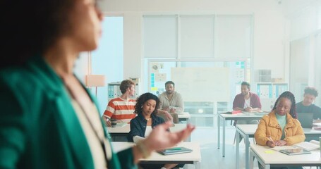 Education, pointing and presentation with teacher in classroom for development or learning. College, school and university with professor woman speaking to students for course, lecture or lesson - Powered by Adobe