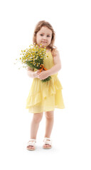 Cute little girl with bouquet of beautiful chamomile flowers on white background