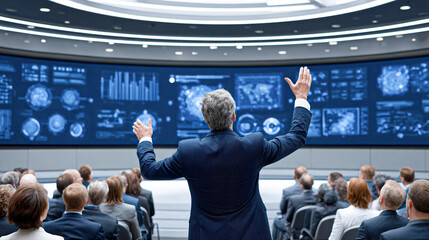 A business professional presents data analytics on large digital screens to an audience in a modern conference room.