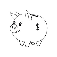 Piggy bank doodle hand drawn illustration. Cute money box for savings and finance. Black and white sketch icon isolated on white background