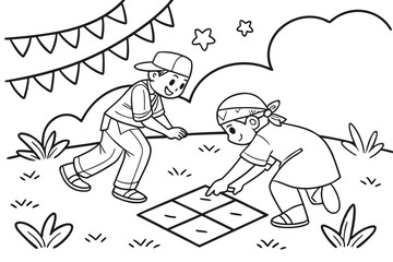 coloring page design, traditional Indonesian games during Independence Day, panjat pinang, balap karung, thick lines, black and white