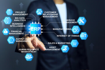 ERP soft ware concept with businessman pointing on microchip enterprise resources planning to...