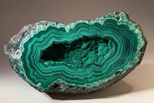 Canadian malachite ore fragment: concentric green bands under museum specimen lighting for mineral collections