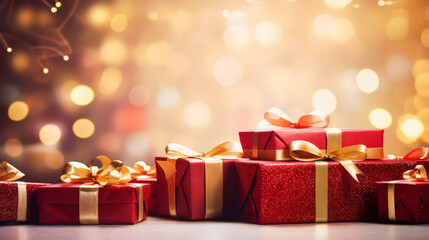 Luxury New Year gifts. Christmas background with gift boxes. Christmastime celebration