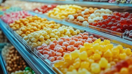 Close up of variety of colorful gummy bear candies and other assorted sweets in a bulk display.