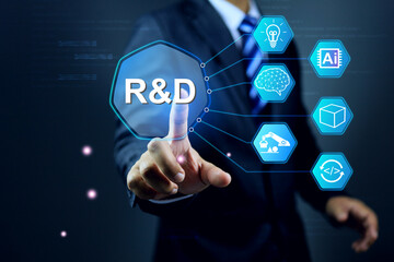 Research and development concept with manager  pointing on r and d system process to continue product improvement and development