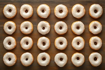 A grid of frosted doughnuts arranged in rows on an oak table, seen from above. The doughnuts have a glossy white sheen and appear to have turned yellow or slightly stale over time.