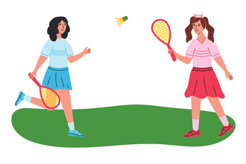 Two teenage girls playing badminton on the grass, cartoon style.