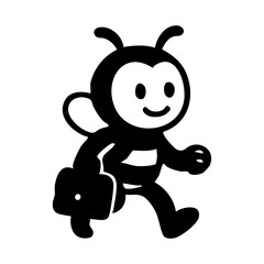 A black and white cartoon bee with a briefcase, walking