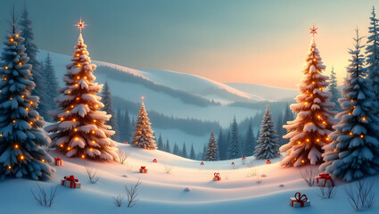 Christmas pattern with decorated trees and soft snow.