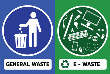 Vector sign illustrating separation of general waste and electronic waste with simple icons for environmental awareness and proper disposal.