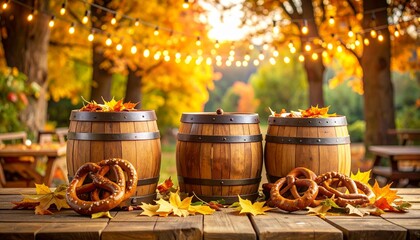 Traditional Wooden Beer Barrels with Pretzels and Fall Leaves on Rustic Tables Beneath Festoon Lights, Set Against a Vibrant Fall Foliage Background in a Cozy Autumn Setting