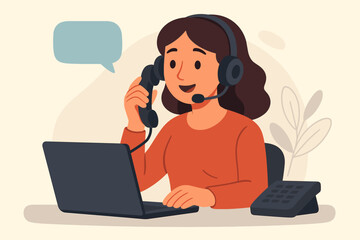 Customer service agent woman working at a call center. Female operator with headset on a phone call. Hotline support consultant using laptop. Modern flat cartoon vector illustration.