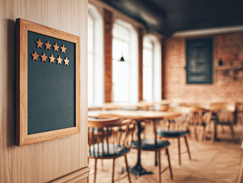 A cozy, empty cafe interior with wooden furniture and a chalkboard featuring a five-star rating on the wall.