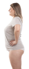 Weight loss. Plus size woman on white background