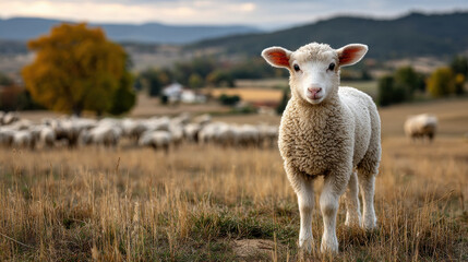 Obraz premium Curious lamb in autumn meadow with flock and scenic landscape in the background