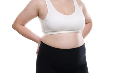 Weight loss. Plus size woman on white background, closeup