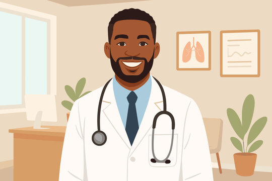 Portrait of a friendly Black doctor in his clinic office. Happy African American male physician with a stethoscope. Healthcare professional concept. Modern flat vector cartoon illustration.