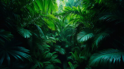 Dense Tropical Jungle with Lush Green Foliage and Palm Leaves 