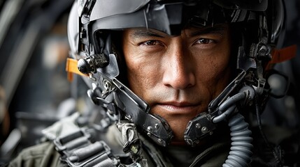 Close-up of focused asian male pilot in helmet and flight gear inside aircraft cockpit