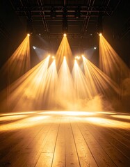 Empty Stage Spotlight with Concert Lighting, and Wood Floor.