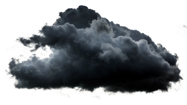 A dark and ominous storm cloud with a dramatic shape isolated on transparent background, creating a moody atmosphere
