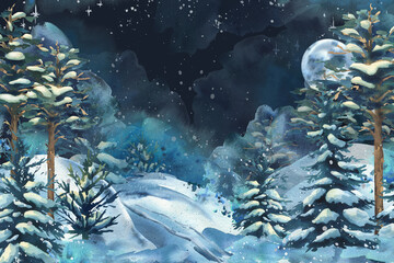 Night winter landscape with snow-covered trees, hills, and starry sky. Painted by hand in watercolor. Great for greeting cards, stories, or magical branding projects. Watercolor illustration template