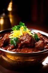 Rich and Hearty Beef Chili with Cheese and Fresh Herbs Garnish