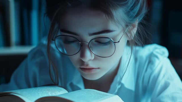 Young Woman Focused Reading at Night