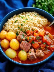 Hearty Beef Stew with Vegetables and Rice in a Blue Bowl