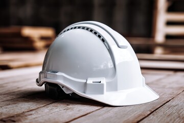 Yellow construction helmet on wooden table in office environment. Labor Day Concept